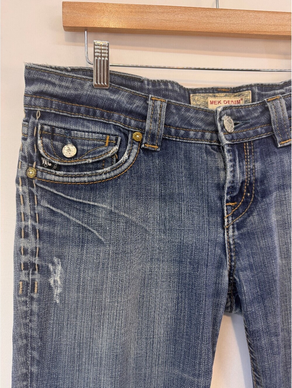MEK Denim Y2K Low Rise Western Cowgirl Bootcut Jeans Embroidered Flap Pocket 30 - Picture 2 of 8